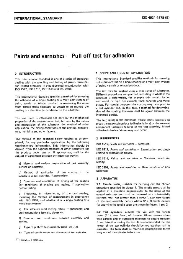 ISO 4624:1978 - Paints and varnishes -- Pull-off test for adhesion