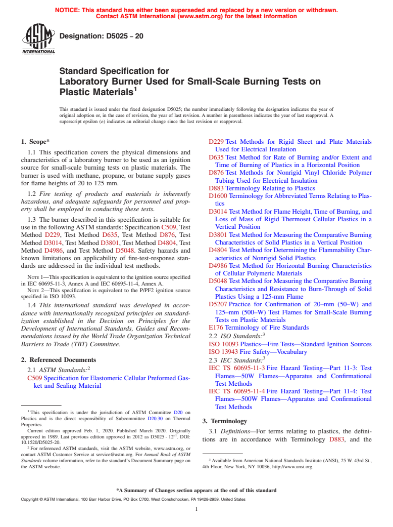 ASTM D5025-20 - Standard Specification for  Laboratory Burner Used for Small-Scale Burning Tests on Plastic  Materials