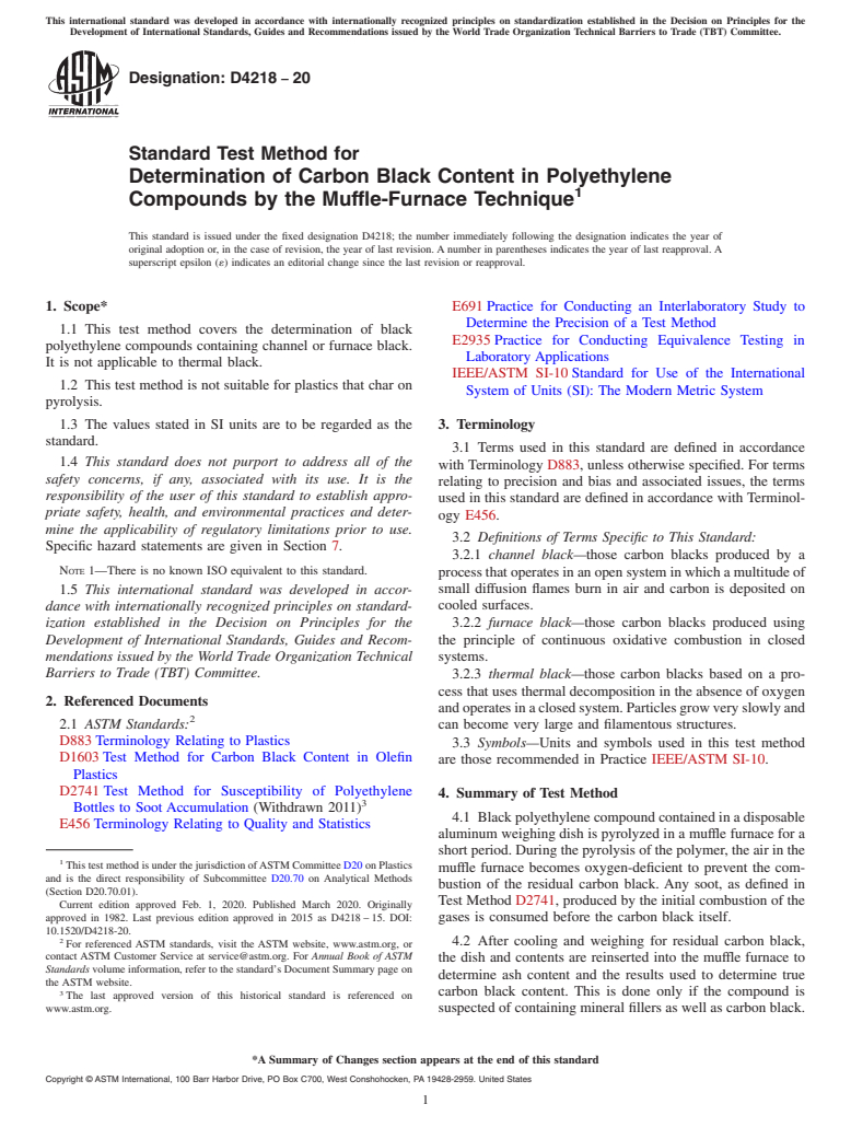 ASTM D4218-20 - Standard Test Method for Determination of Carbon Black Content in Polyethylene Compounds  by the Muffle-Furnace Technique