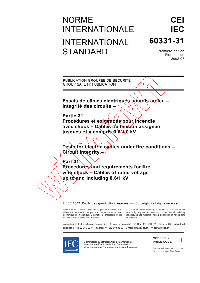 IEC 60331-31:2002 - Tests for electric cables under fire conditions - Circuit integrity - Part 31: Procedures and requirements for fire with shock - Cables of rated voltage up to and including 0,6/1 kV
Released:7/30/2002
Isbn:2831865166