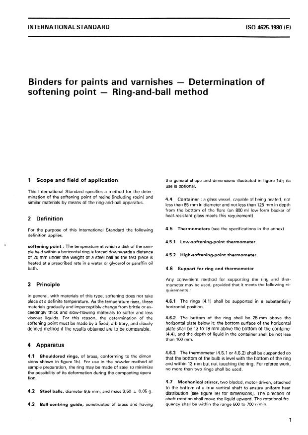 ISO 4625:1980 - Binders for paints and varnishes -- Determination of softening point -- Ring-and-ball method