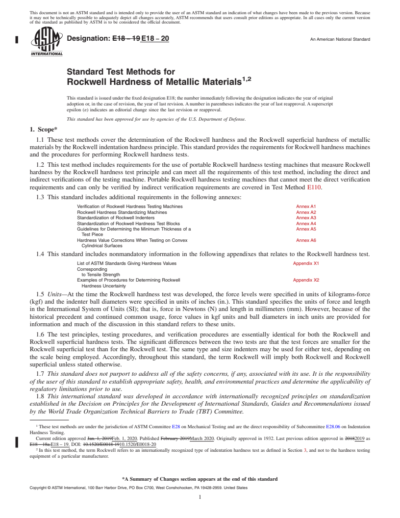 REDLINE ASTM E18-20 - Standard Test Methods for  Rockwell Hardness of Metallic Materials