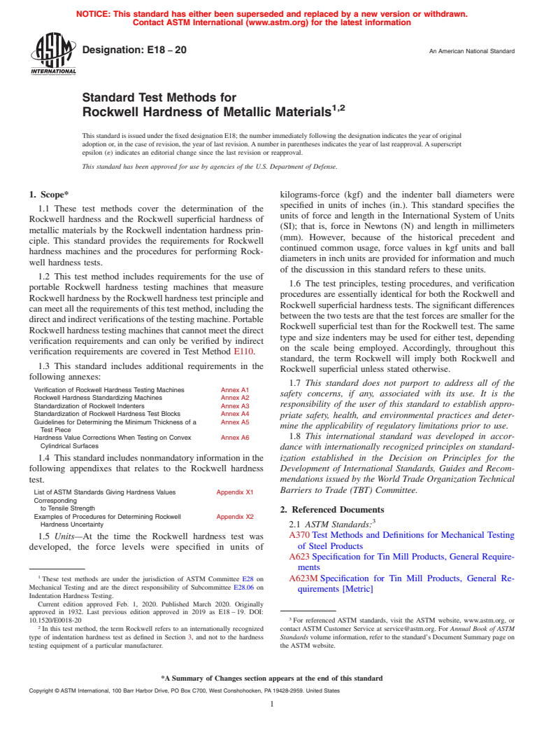 ASTM E18-20 - Standard Test Methods for  Rockwell Hardness of Metallic Materials