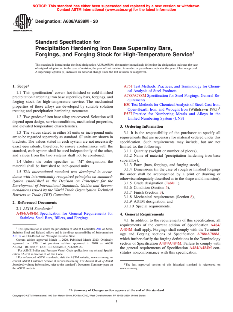 ASTM A638/A638M-20 - Standard Specification for  Precipitation Hardening Iron Base Superalloy Bars, Forgings,  and Forging Stock for High-Temperature Service