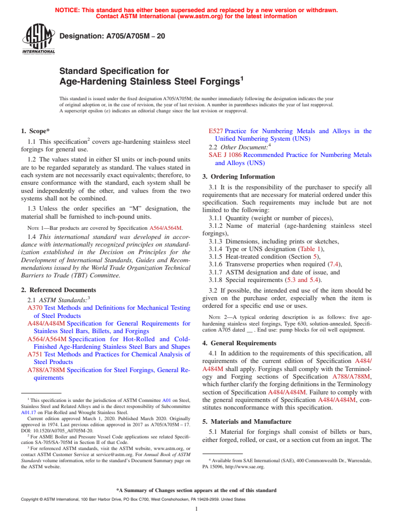 ASTM A705/A705M-20 - Standard Specification for  Age-Hardening Stainless Steel Forgings