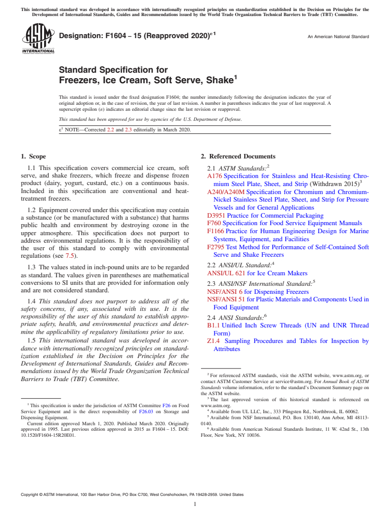 ASTM F1604-15(2020)e1 - Standard Specification for Freezers, Ice Cream, Soft Serve, Shake