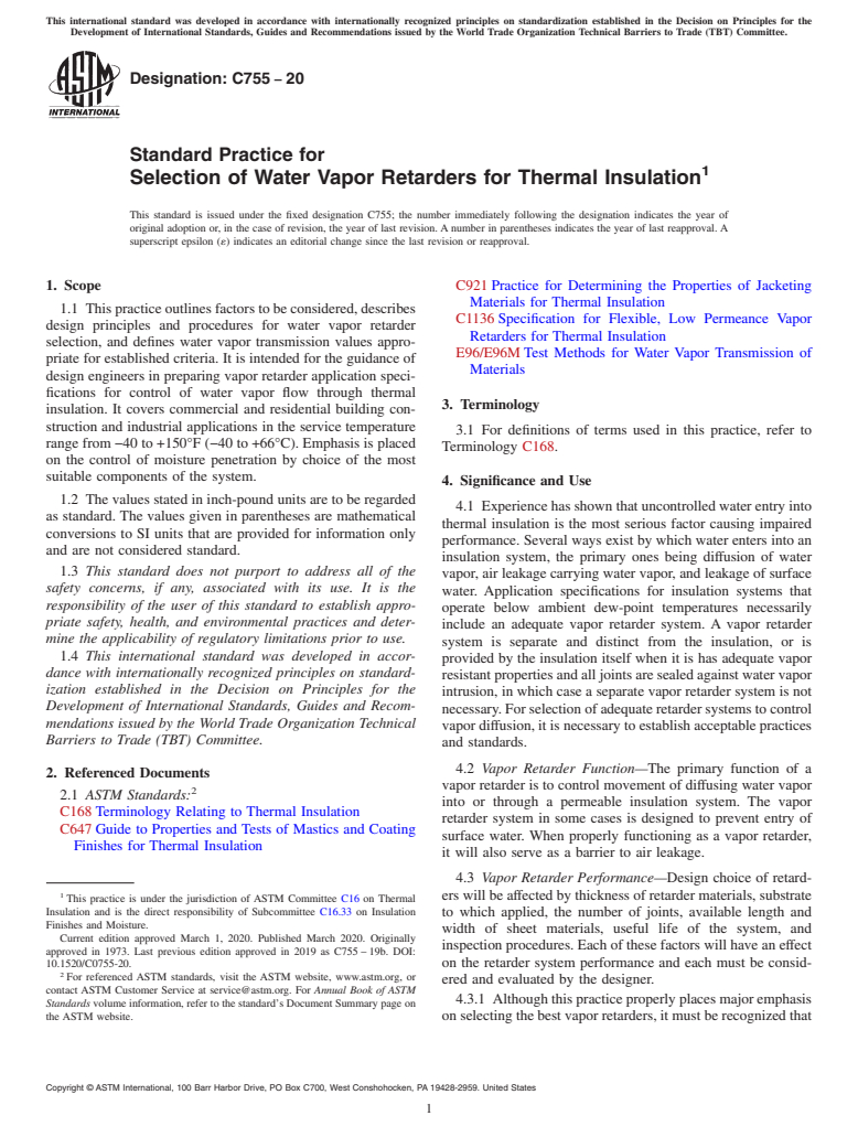 ASTM C755-20 - Standard Practice for Selection of Water Vapor Retarders for Thermal Insulation