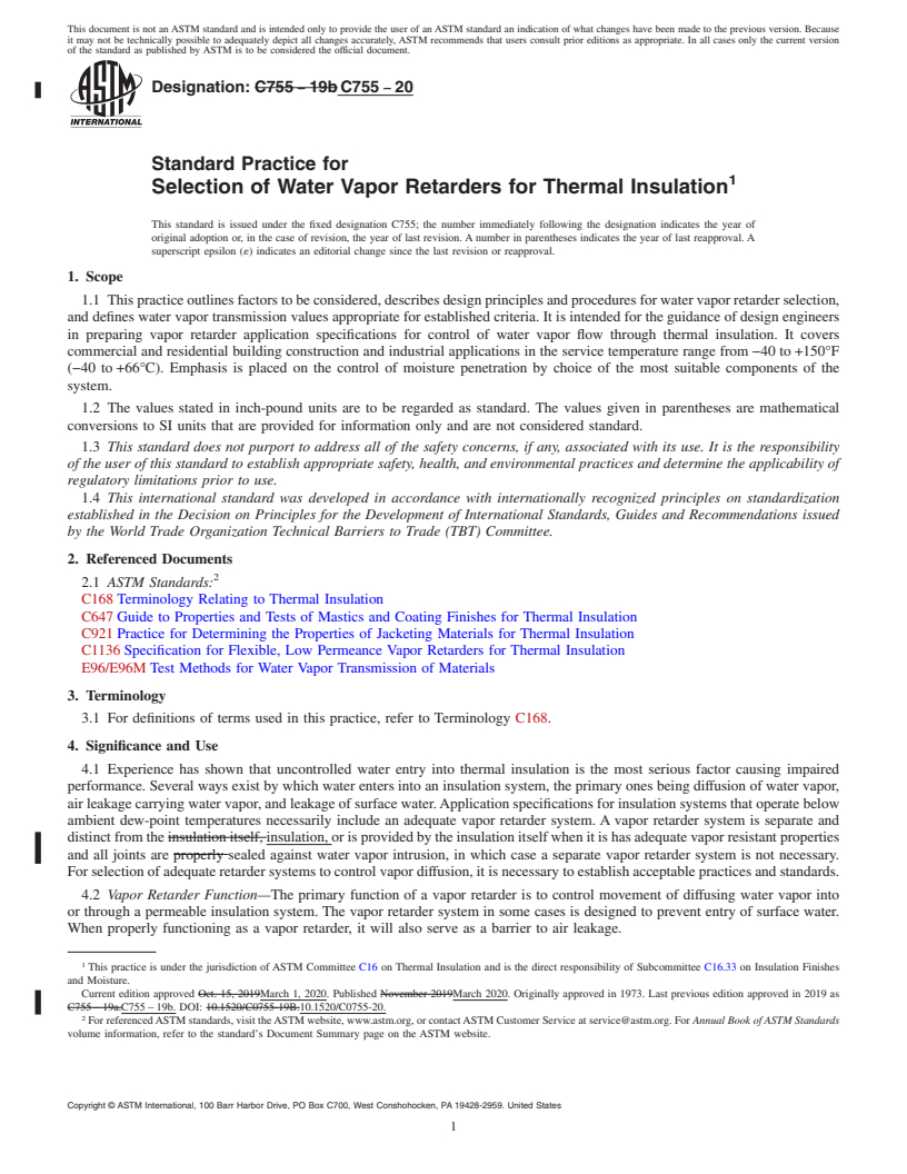 REDLINE ASTM C755-20 - Standard Practice for Selection of Water Vapor Retarders for Thermal Insulation