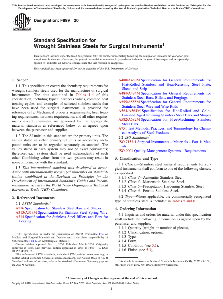 ASTM F899-20 - Standard Specification for  Wrought Stainless Steels for Surgical Instruments