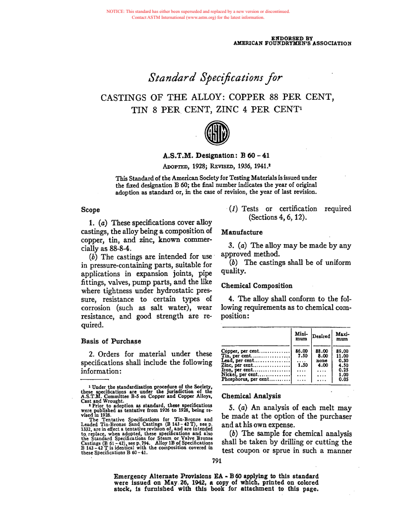 ASTM B60-41 - Specification for Tin-Bronze and Leaded Tin-Bronze Sand Castings (Withdrawn 1943)