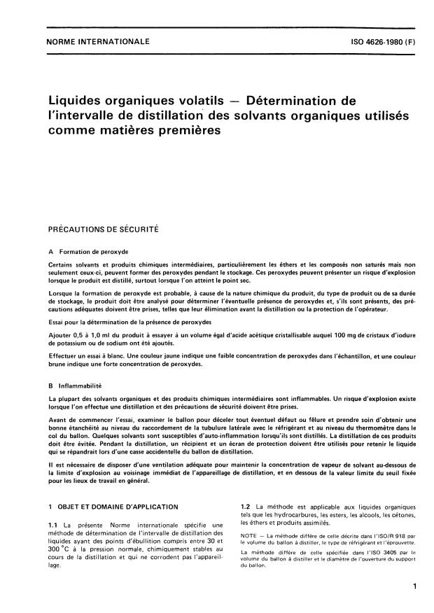 ISO 4626:1980 - Liquides organiques volatils -- Détermination de l'intervalle de distillation des solvants organiques utilisés comme matieres premieres