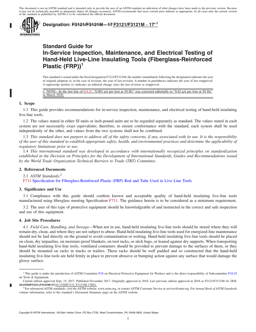 REDLINE ASTM F3121/F3121M-17e1 - Standard Guide for In-Service Inspection, Maintenance, and Electrical Testing  of Hand-Held Live-Line Insulating Tools (Fiberglass-Reinforced Plastic  (FRP))