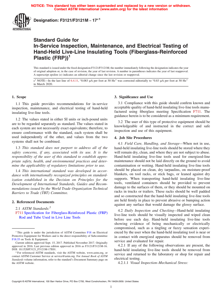 ASTM F3121/F3121M-17e1 - Standard Guide for In-Service Inspection, Maintenance, and Electrical Testing  of Hand-Held Live-Line Insulating Tools (Fiberglass-Reinforced Plastic  (FRP))