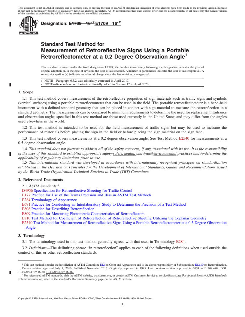 REDLINE ASTM E1709-16e2 - Standard Test Method for Measurement of Retroreflective Signs Using a Portable Retroreflectometer     at a 0.2 Degree Observation Angle