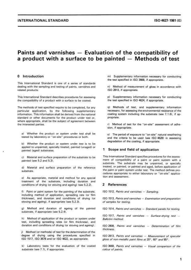 ISO 4627:1981 - Paints and varnishes -- Evaluation of the compatibility of a product with a surface to be painted -- Methods of test