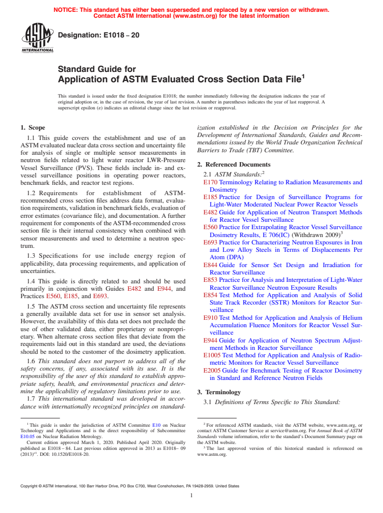 ASTM E1018-20 - Standard Guide for  Application of ASTM Evaluated Cross Section Data File