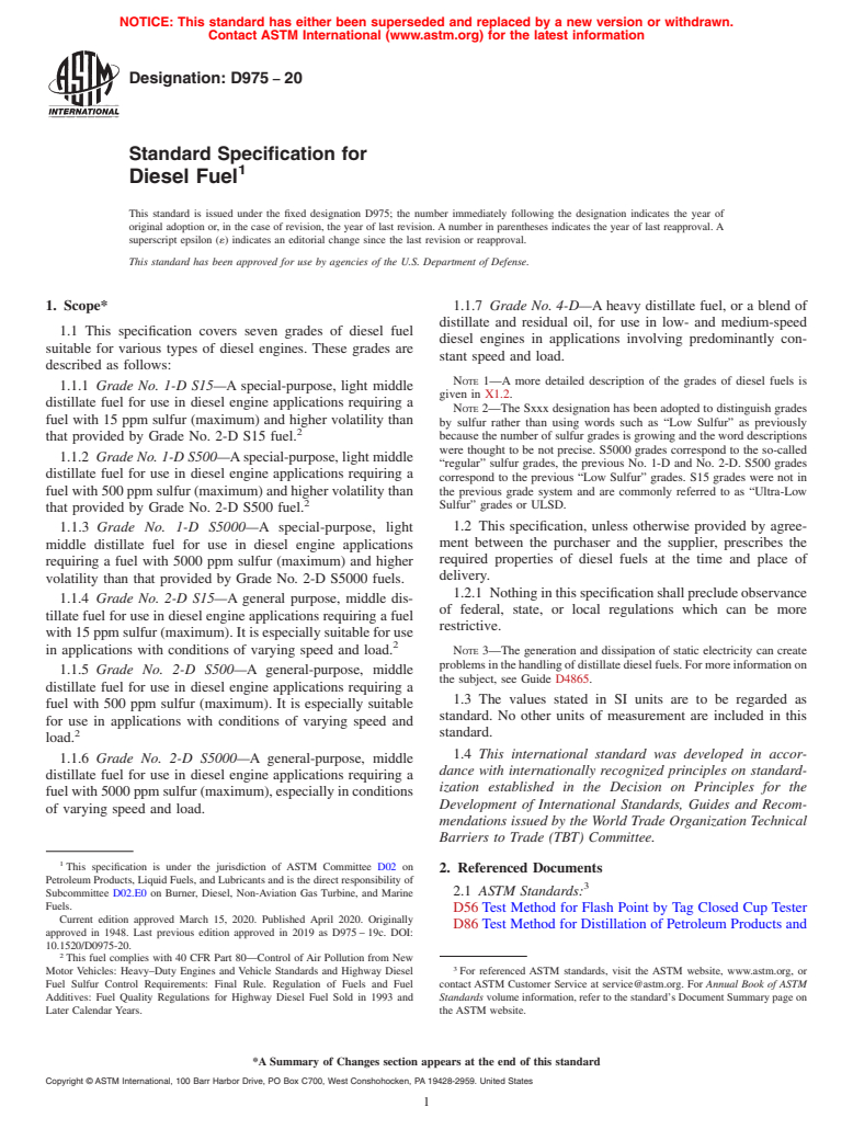 ASTM D975-20 - Standard Specification for Diesel Fuel