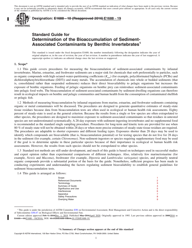 REDLINE ASTM E1688-19 - Standard Guide for Determination of the Bioaccumulation of Sediment-Associated  Contaminants by Benthic Invertebrates