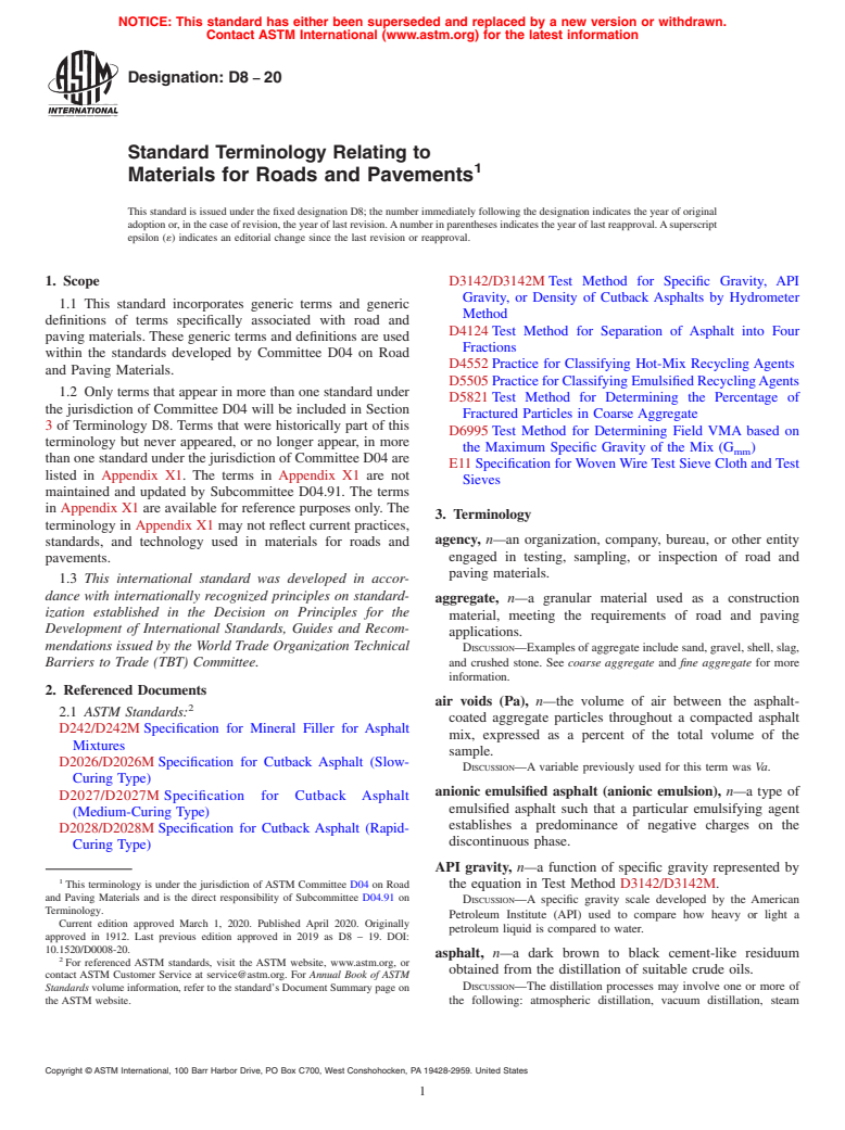 ASTM D8-20 - Standard Terminology Relating to  Materials for Roads and Pavements