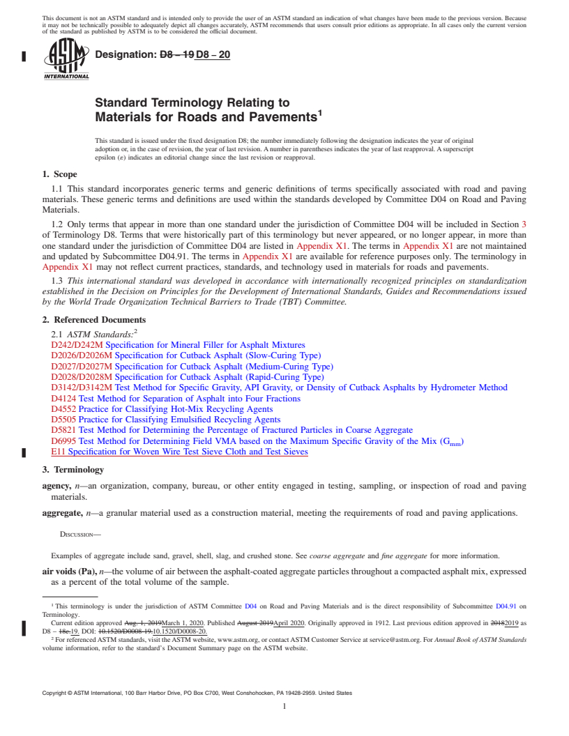 REDLINE ASTM D8-20 - Standard Terminology Relating to  Materials for Roads and Pavements