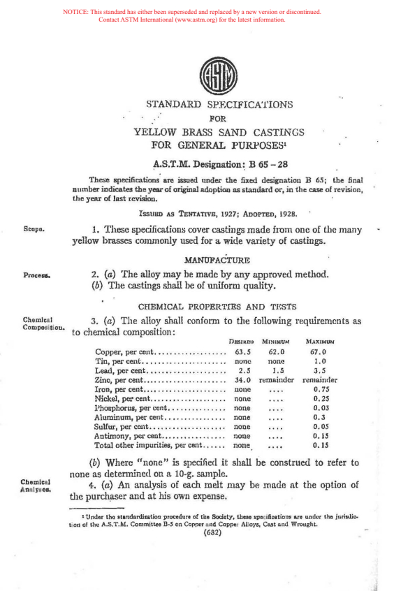 ASTM B65-28 - Specification for Lead Yellow Brass Sand Castings for General Purposes (Withdrawn 1937)