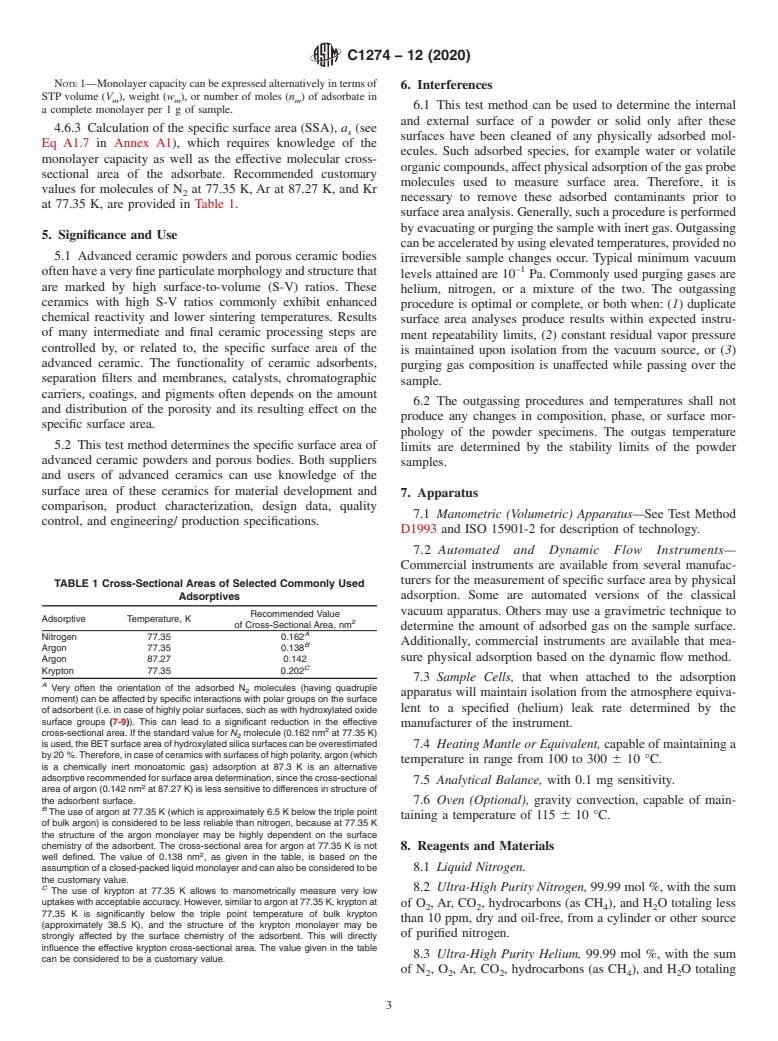 ASTM C1274-12(2020) - Standard Test Method for Advanced Ceramic Specific Surface Area by Physical Adsorption