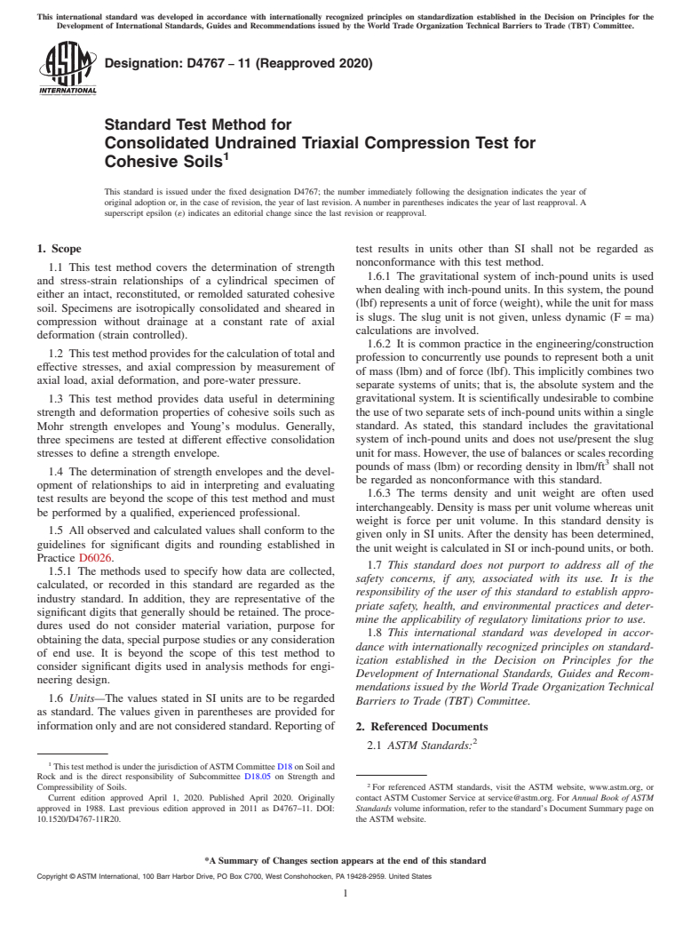 ASTM D4767-11(2020) - Standard Test Method for Consolidated Undrained Triaxial Compression Test for Cohesive  Soils