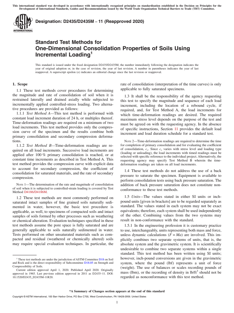 ASTM D2435/D2435M-11(2020) - Standard Test Methods for One-Dimensional Consolidation Properties of Soils Using Incremental   Loading