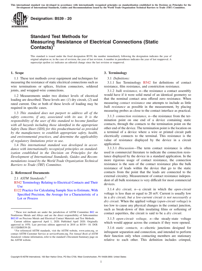 ASTM B539-20 - Standard Test Methods for Measuring Resistance of Electrical Connections (Static Contacts)