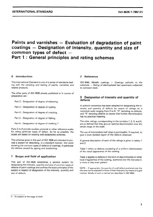ISO 4628-1:1982 - Paints and varnishes -- Evaluation of degradation of paint coatings -- Designation of intensity, quantity and size of common types of defect