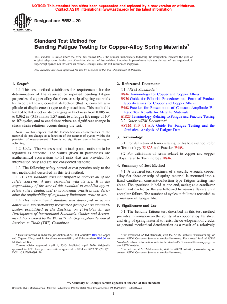 ASTM B593-20 - Standard Test Method for Bending Fatigue Testing for Copper-Alloy Spring Materials