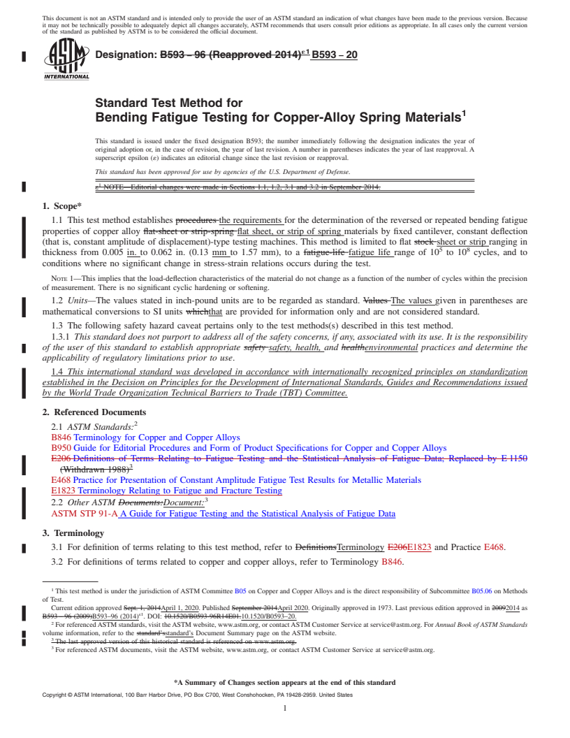 REDLINE ASTM B593-20 - Standard Test Method for Bending Fatigue Testing for Copper-Alloy Spring Materials