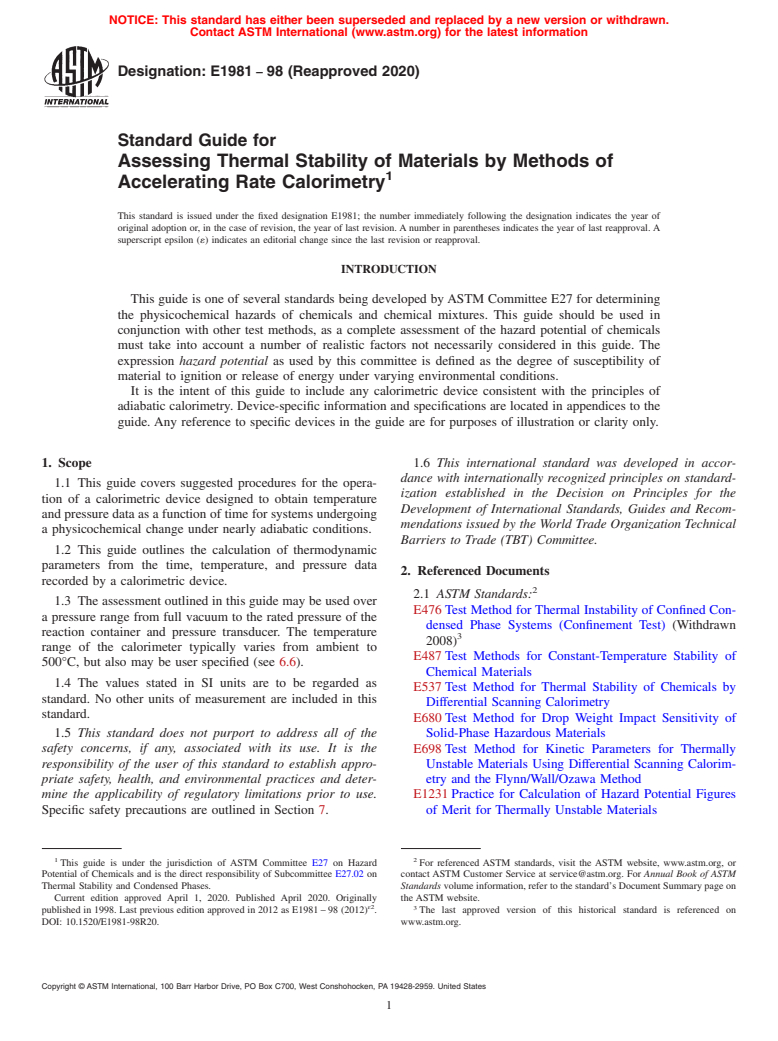 ASTM E1981-98(2020) - Standard Guide for  Assessing Thermal Stability of Materials by Methods of Accelerating  Rate Calorimetry