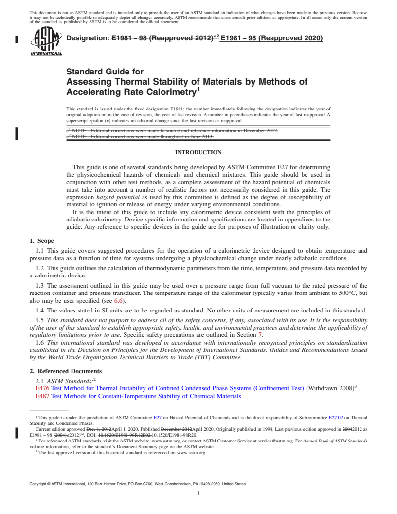 REDLINE ASTM E1981-98(2020) - Standard Guide for  Assessing Thermal Stability of Materials by Methods of Accelerating  Rate Calorimetry