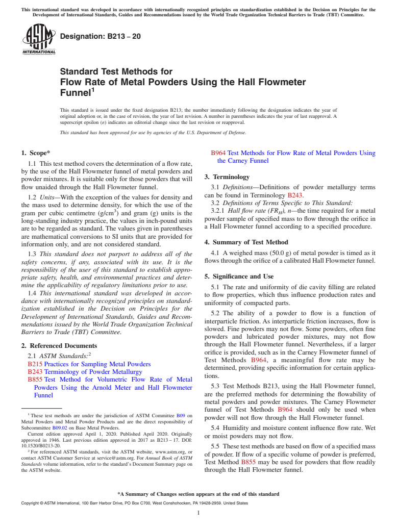 ASTM B213-20 - Standard Test Methods for Flow Rate of Metal Powders Using the Hall Flowmeter Funnel
