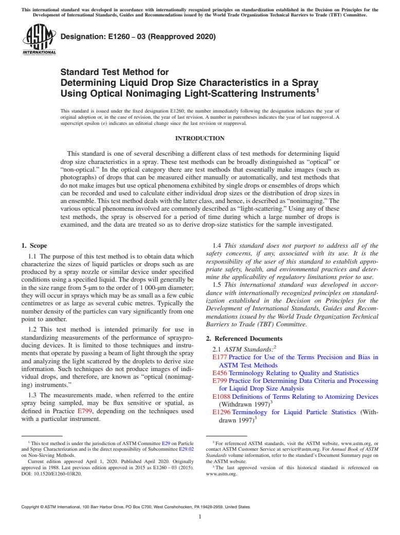 ASTM E1260-03(2020) - Standard Test Method for  Determining Liquid Drop Size Characteristics in a Spray Using  Optical Nonimaging Light-Scattering Instruments