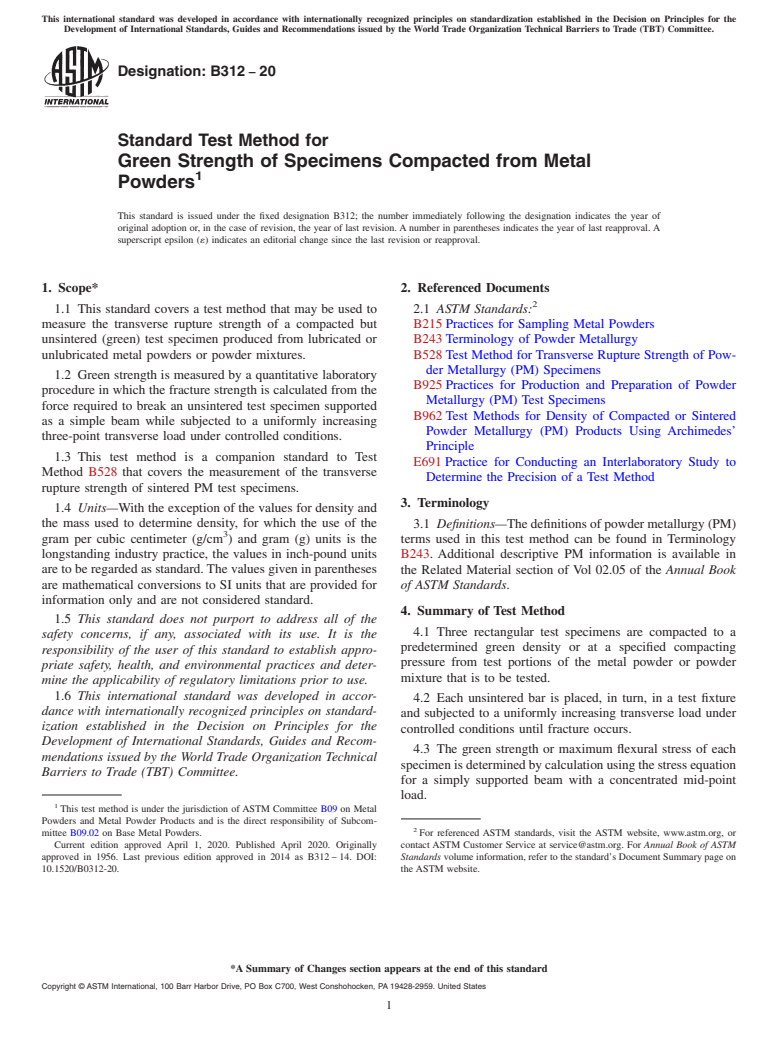 ASTM B312-20 - Standard Test Method for  Green Strength of Specimens Compacted from Metal Powders