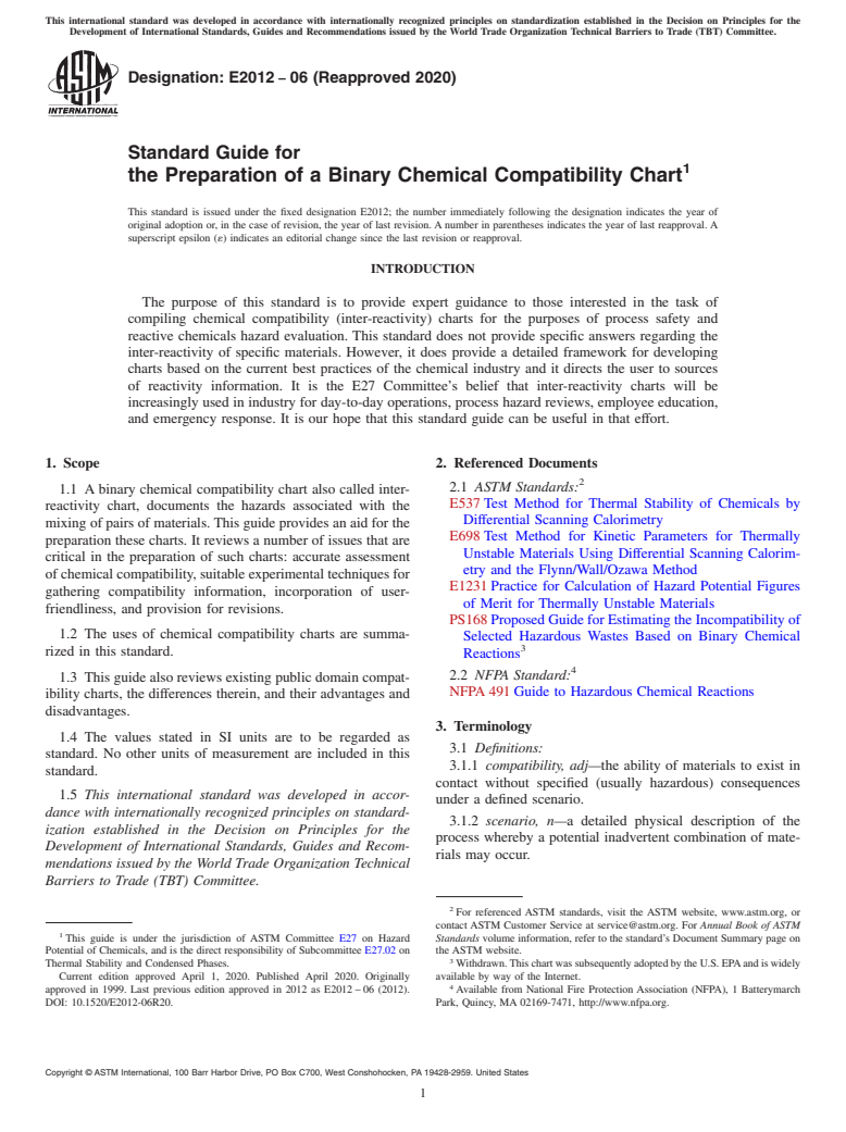 ASTM E2012-06(2020) - Standard Guide for  the Preparation of a Binary Chemical Compatibility Chart