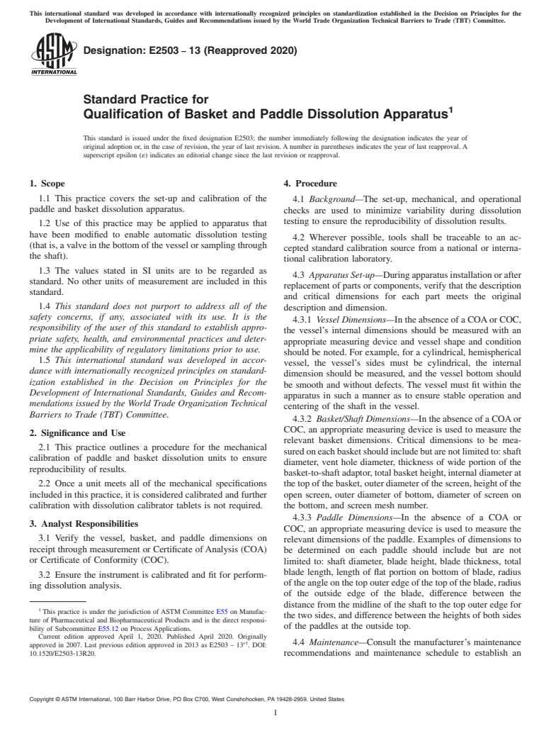 ASTM E2503-13(2020) - Standard Practice for  Qualification of Basket and Paddle Dissolution Apparatus