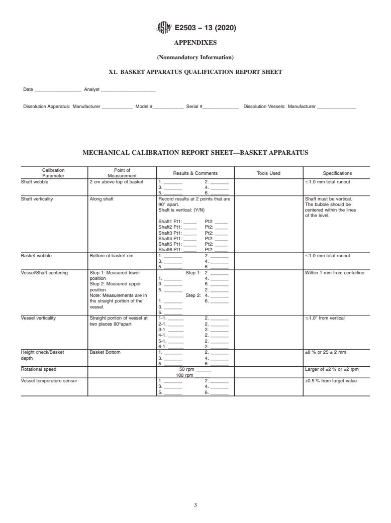 ASTM E2503-13(2020) - Standard Practice for  Qualification of Basket and Paddle Dissolution Apparatus