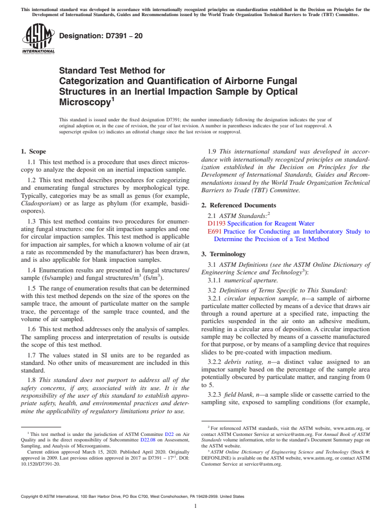 ASTM D7391-20 - Standard Test Method for Categorization and Quantification of Airborne Fungal Structures  in an Inertial Impaction Sample by Optical Microscopy