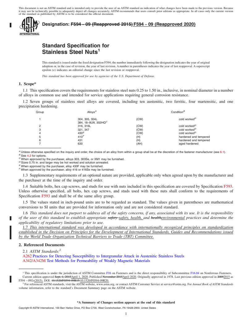 REDLINE ASTM F594-09(2020) - Standard Specification for  Stainless Steel Nuts