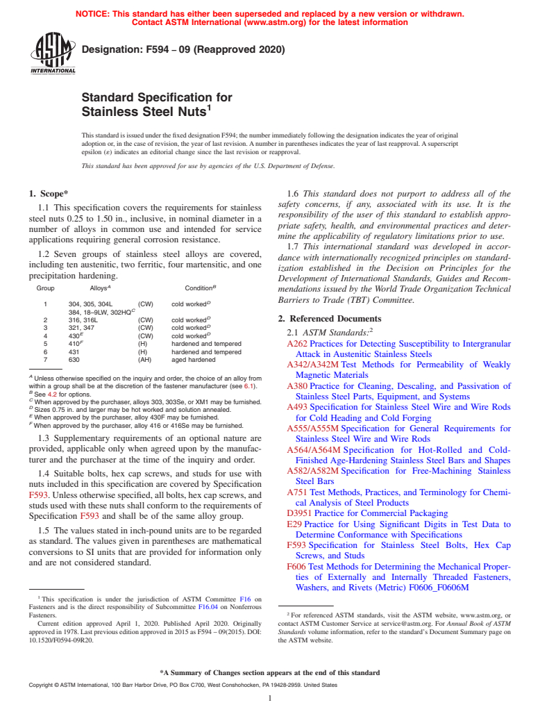 ASTM F594-09(2020) - Standard Specification for  Stainless Steel Nuts