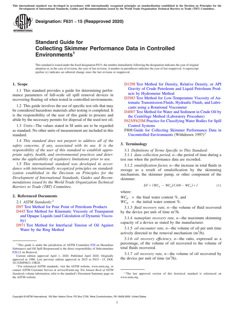 ASTM F631-15(2020) - Standard Guide for  Collecting Skimmer Performance Data in Controlled Environments