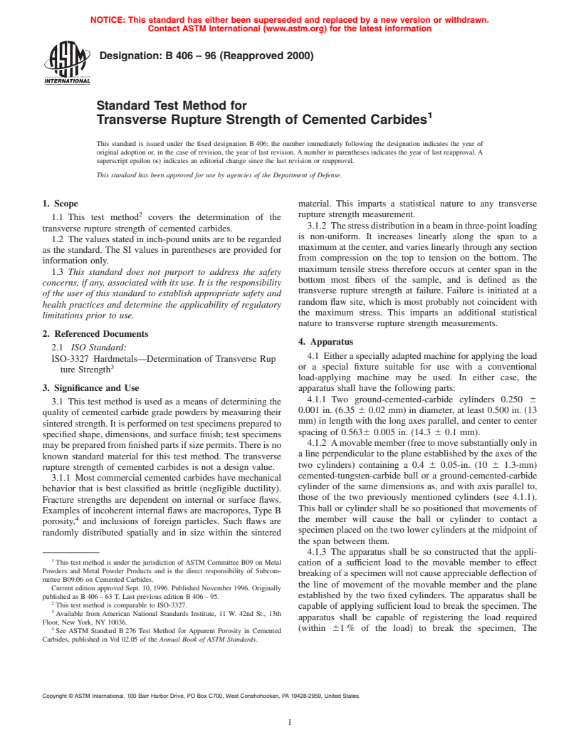 ASTM B406-96(2000) - Standard Test Method for Transverse Rupture Strength of Cemented Carbides