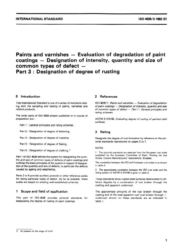 ISO 4628-3:1982 - Paints and varnishes -- Evaluation of degradation of paint coatings -- Designation of intensity, quantity and size of common types of defect