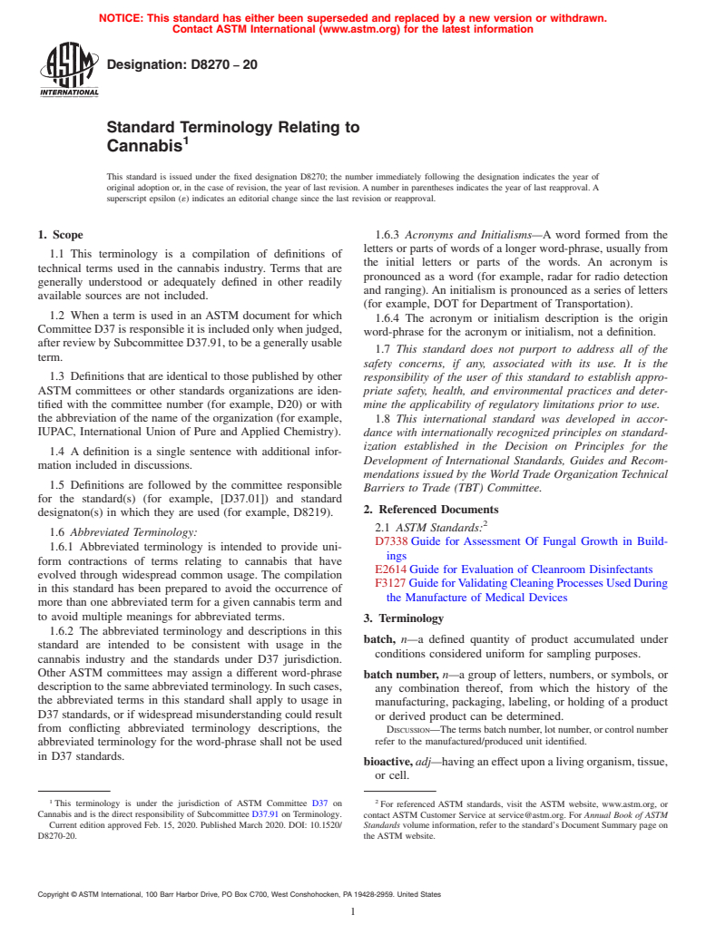 ASTM D8270-20 - Standard Terminology Relating to Cannabis