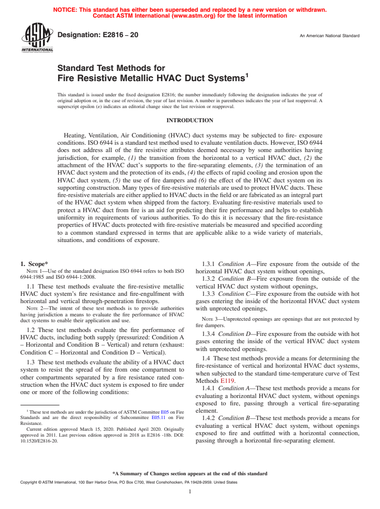 ASTM E2816-20 - Standard Test Methods for  Fire Resistive Metallic HVAC Duct Systems
