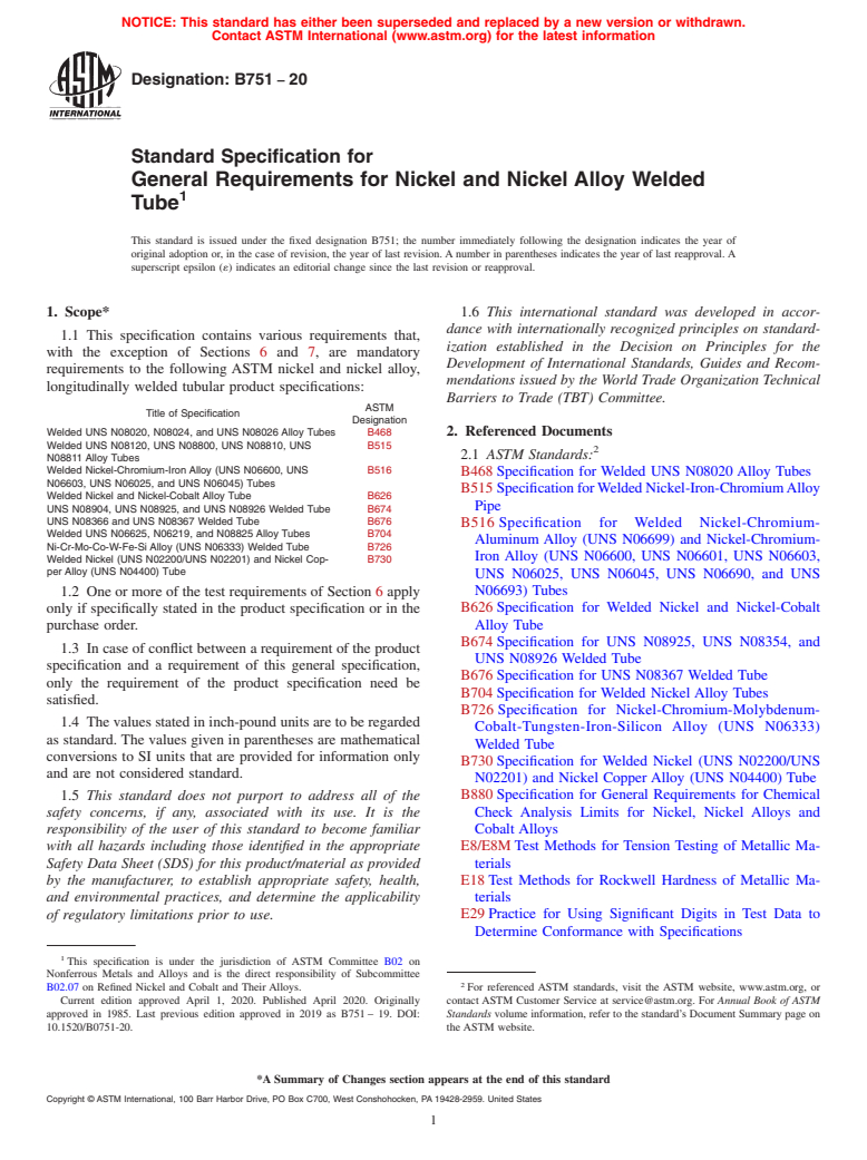 ASTM B751-20 - Standard Specification for General Requirements for Nickel and Nickel Alloy Welded Tube