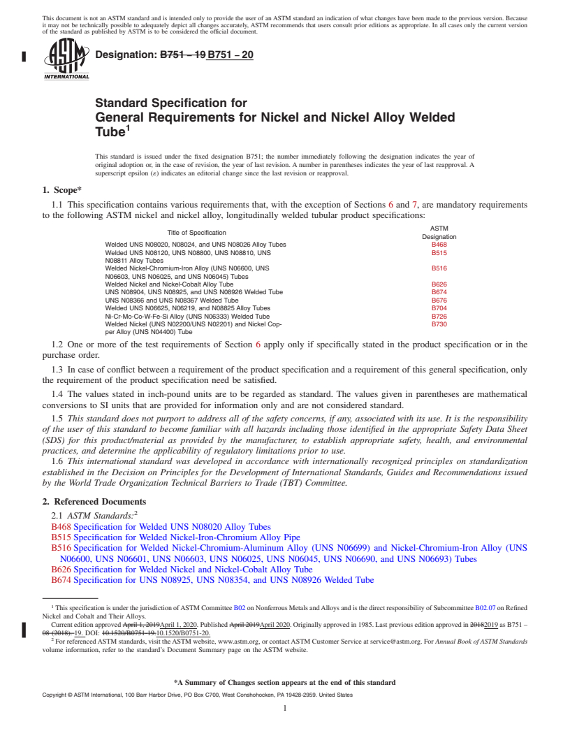 REDLINE ASTM B751-20 - Standard Specification for General Requirements for Nickel and Nickel Alloy Welded Tube